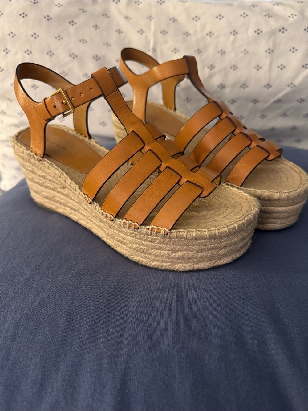 Tory Burch Tan Leather Espadrille Wedge Sandals - Sz. 8.5